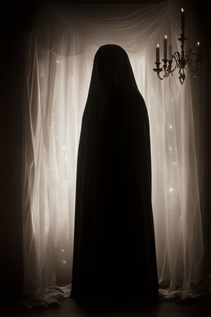 A mysterious figure shrouded in darkness, illuminated only by the faint glow of candles casting an eerie ambiance, stands poised in a dimly lit, ornate chamber. Velvet drapes billow in the shadows, while cobweb-covered candelabras adorn the walls, as the subject's enigmatic expression seems to hide secrets within the darkness.