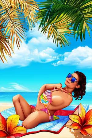 A warm sunny day with a bright blue sky and fluffy white clouds, capturing the essence of summer. A young person in a colorful swimsuit and sunglasses is seen lounging on a beach towel, surrounded by palm trees and tropical flowers. The lighting is soft and golden, highlighting the relaxed atmosphere and carefree vibes.