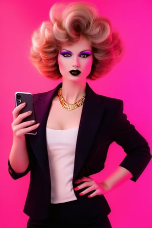 A retro-inspired beauty portrait featuring a stunning model with big hair, bold lip color, and a fitted blazer. Shot against a bright pink backdrop, with a warm glow illuminating her features. She poses confidently, one hand resting on her hip, the other holding a sleek phone. A statement gold necklace adds a touch of glamour to this radical 80s beauty.