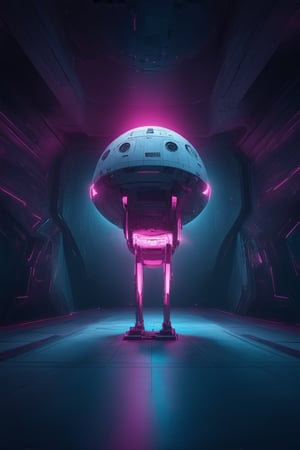 A surrealistic depiction of a futuristic 3D space with a pink hue dominating the scene. The walls and floors glow with an eerie pink light, casting an otherworldly ambiance. In the center, a sleek spaceship with neon pink accents stands out against the monochromatic background. The camera captures a low-angle shot, looking up at the ship from the floor, emphasizing its grandeur.