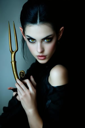 A close-up shot of a sultry girl dressed in dark, edgy attire, her eyes gleaming with mischief as she poses confidently, one hand resting on the hilt of a miniature pitchfork. Soft, golden lighting illuminates her features, while the background is shrouded in darkness, accentuating her devilish charm.