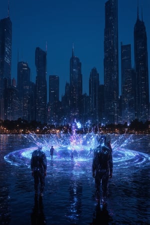 A futuristic cityscape at dusk, with neon-lit skyscrapers reflecting off the glassy surface of a holographic lake. A group of humans in sleek jumpsuits stand along the water's edge, gazing up at a swirling vortex of light emanating from the lake's center. The air is charged with an otherworldly energy as a holo projection of a Dyss logo drifts above the gathering.