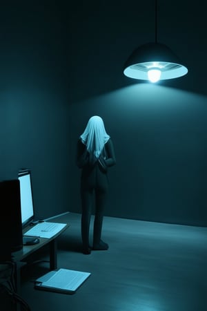 A darkened room with a single source of soft blue light emanating from a desk lamp in the corner. The walls are painted a deep grey, and shadows stretch across the floor like skeletal fingers. In the center, a figure cloaked in darkness stands still, hands clasped behind their back, surrounded by the faint glow of computer screens.