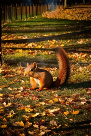 A warm autumn day with vibrant hues of golden leaves scattered across a rustic wooden fence, softly glowing in the afternoon sunlight casting long shadows on the grassy terrain. A lone squirrel scurries up the trunk, its brown fur blending with the earthy tones, as the air is filled with the sweet scent of ripe fruit and woodsmoke.