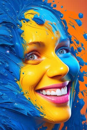 A vibrant 3D rendering of a smiling face, with bold brushstrokes of bright blue and yellow hues dominating the composition. The subject's eyes sparkle like diamonds against a radiant orange background, while delicate pink highlights define the cheeks and nose. Soft, feathery textures surround the facial features, giving the illusion of depth and dimensionality.