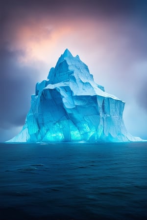 A majestic iceberg rises from the misty veil of a mystical realm, its crystalline peaks glinting like shards of starlight amidst swirling clouds of iridescent blue. The air is alive with an otherworldly energy as the iceberg's frozen façade appears to shatter, revealing an ethereal glow emanating from within.