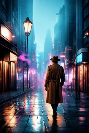 A surreal dreamscape: A vibrant cityscape at dusk, with neon lights reflecting off wet pavement, as a lone figure in a fedora and trench coat walks away from the camera, backlit by a warm streetlamp, against a backdrop of misty skyscrapers, with a subtle hint of smoke wafting upwards, capturing the essence of an acient dream.