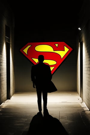 A dark alleyway at night, lit only by flickering streetlights casting long shadows. The iconic logo of DC Comics, Superman's emblem and Batman's symbol, emblazoned on a wall in bold red and yellow. A silhouette of the Dynamic Duo standing back-to-back, ready to face the darkness head-on.