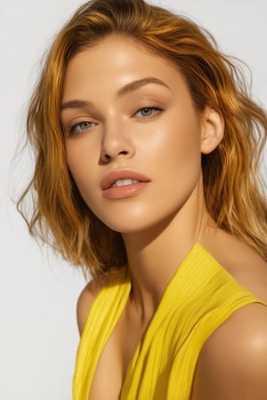 Close-up shot of a vibrant yellow color model against a plain white background. The model's skin has a bright, sun-kissed tone, with subtle undertones of green and orange. Her hair is styled in loose waves, framing her face with soft, buttery locks that match the warmth of her complexion. A hint of golden highlight defines her cheekbones, nose, and cupid's bow, creating a radiant glow. Soft focus blurs the background, drawing attention to the model's luminous visage.