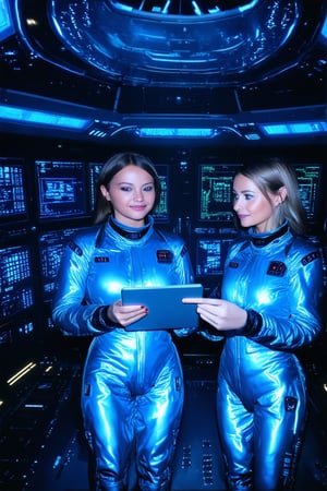 Close-up shot of two space-suited girls in a futuristic spaceship control room, surrounded by screens and machinery. They're wearing shiny silver jumpsuits with glowing blue accents, their faces lit from above by soft blue light. One girl holds a tablet, the other points to a holographic display as they discuss their mission in hushed tones.