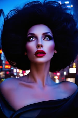 A stunning 80s-inspired beauty shot: a sultry model with big hair, bold lip color, and striking makeup poses against a backdrop of neon-lit cityscapes at dusk. Framed by a fisheye lens, the subject's gaze is directed upwards, her eyes flashing like diamonds in the fading light.