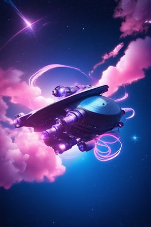 A futuristic 3D pink space with swirling neon clouds and glittering stars suspended in a deep blue void. A sleek spaceship with glowing purple engines pierces through the center, surrounded by wispy tendrils of pink gas. The camera captures a dramatic low-angle shot from beneath, highlighting the ship's majesty against the vibrant cosmic backdrop.