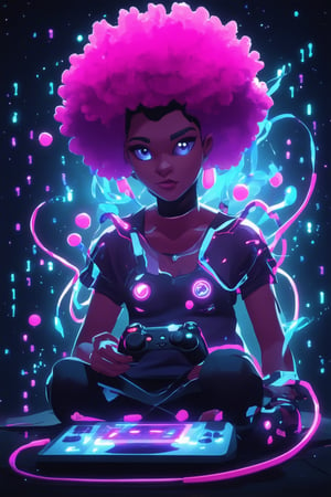 Fantastical art character: A whimsical gamer sits at a mystical console amidst swirling purple and blue pixels. The gamer's bright pink hair is styled in a futuristic afro-pompadour, surrounded by glowing circuits and wires. Eyes aglow with digital magic, they grasp a controller that crackles with energy. Set against a darkened background of binary code, the scene pulses with vibrant color.