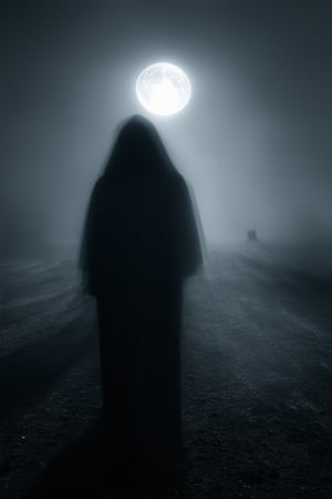 A mysterious figure stands shrouded in darkness, surrounded by an eerie aura of despair. The only light source is a faint moonbeam casting an otherworldly glow on their solemn face, emphasizing the depth of their sorrow. Shadows dance across the blackened landscape, as if mirroring the turmoil within.