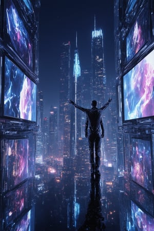 A futuristic holo projection surrounds the cityscape, with neon-lit skyscrapers reflecting off its translucent surface. A lone figure, dressed in a sleek jumpsuit, stands atop a towering building, arms outstretched as they gaze upward at the swirling colors of the holo. City lights and billboards blur into a kaleidoscope behind them, with the dark silhouette of a spaceship looming in the distance.