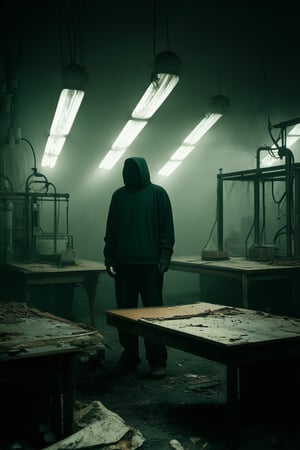 A hauntingly beautiful scene: a dimly lit, abandoned laboratory with rusty equipment and flickering fluorescent lights casting eerie shadows on worn wooden tables. In the center, a lone figure stands amidst the decay, their face obscured by a hoodie, radiating an aura of mystery and foreboding against the backdrop of Logical Darkness.