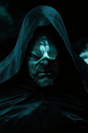 A close-up shot of a mysterious figure cloaked in darkness, their rugged features illuminated only by the faint glow of moonlight. The atmosphere is ominous, with heavy shadows casting an air of menace around the subject's intense gaze. A dark cape billows behind them, as if swept back by an unseen wind.