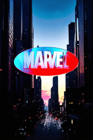 Vibrant cityscape at dusk: Marvel's iconic logo radiates bright red and blue hues against a darkening urban backdrop, with towering skyscrapers and bustling streets in sharp contrast. A dynamic pose captures the energy of the city, as if the logo is embracing the vibrant atmosphere.