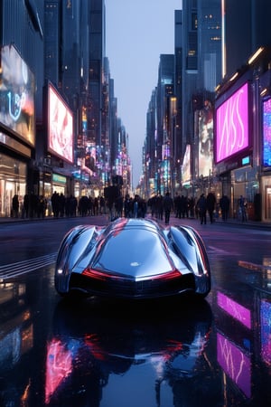 A futuristic cityscape at dusk, with holographic advertisements floating above the bustling streets. A sleek, silver hovercar zooms by, reflecting the vibrant lights of the Holo Dyss sign in its polished surface. In the foreground, a group of pedestrians gaze up at the hologram projections, their faces illuminated by the soft glow.