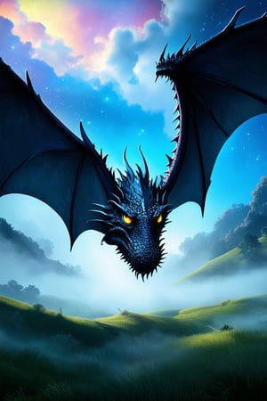 A cinematic close-up of a surreal dream scene: A vividly colored, ethereal landscape unfolds, with rolling hills and wispy clouds morphing into a majestic dragon's scales. The dragon's wingspan stretches across the frame, as it rises from the foggy mist, its eyes gleaming like stars in the darkness.