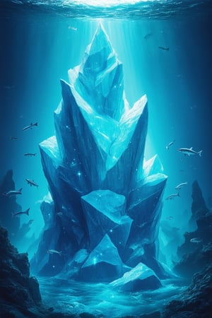 A majestic iceberg floats serenely amidst a whimsical, dreamlike landscape, its crystalline structure refracting shimmering hues of turquoise and sapphire as the soft, ethereal light of a fantasy realm dances across its frosty surface. The iceberg's rugged, ancient form rises from a sea of glittering, iridescent mist, surrounded by schools of bioluminescent fish that dart and weave like tiny stars.