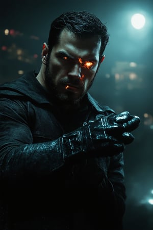 A cinematic close-up of a brooding dark hero stands defiantly in the shadows, his piercing eyes glowing like embers as he gazes out at the cityscape. His rugged features are illuminated only by the faint moonlight, casting an air of mystery and intensity. The dark tone is punctuated by the glint of metal on his gloved hand, hinting at a life of danger and secrecy.