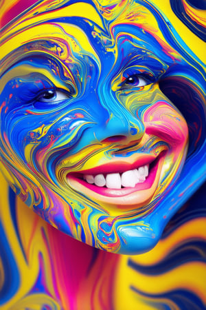 A close-up shot of a vibrant 3D face with swirling patterns of bright blue, yellow, and pink hues, as if the very colors have come to life. The facial features are exaggerated and cartoonish, with bold eyebrows and a wide, cheerful grin. Soft focus and subtle texture give the image a dreamlike quality.