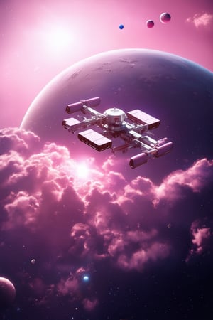 A futuristic, 3D rendered image of a pink-hued space station orbiting a deep purple planet. The station's sleek, metallic surface glows with an ethereal pink light, reflecting off the planet's atmosphere. In the foreground, a cluster of tiny stars and planets float amidst wispy clouds of rose-tinted gas.