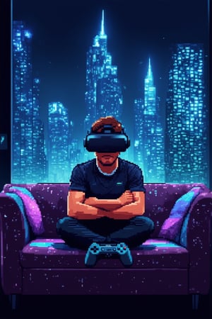 A fantasy gamer, surrounded by virtual reality headsets and glowing screens, sits cross-legged on a plush, pixel-patterned couch, arms crossed and eyes fixed intently on a controller. Neon-lit cityscapes glow in the background, as futuristic skyscrapers rise above. The gamer's skin shimmers with a soft, ethereal glow, as they're fully immersed in the digital realm.