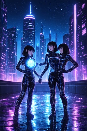 A futuristic cityscape at dusk, with neon lights reflecting off the wet pavement. A group of three Space Girls, dressed in metallic jumpsuits and sporting aerodynamic haircuts, pose in a V-formation on the rooftop. One Girl holds a glowing orb, while another adjusts her jetpack's controls. The third Girl gazes out into the cosmos, her eyes shining with starlight.