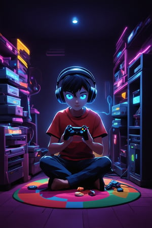 A fantasy gamer sits cross-legged on a colorful rug in a dimly lit gaming den, surrounded by neon-lit consoles and shelves stacked with vintage video games. The gamer's eyes glow bright blue as they intensely focus on the screen, their hands cradling a retro game controller. A worn-out gaming headset rests beside them, its cord tangled around a pile of snacks.