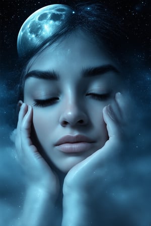 A cinematic close-up of a person's face, eyes closed, in a state of deep contemplation. Soft, warm lighting illuminates their features, as if the moon is shining down. The background is a blurred dreamlike haze, with wispy clouds and stars twinkling like diamonds. The subject's skin glows with an ethereal sheen, as if infused with the essence of the subconscious.