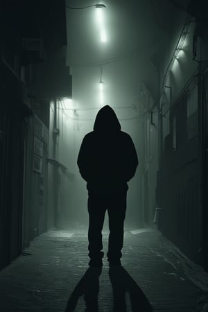 A dimly lit alleyway at midnight, the only sound being the soft hum of distant traffic. A lone figure stands in the shadows, face obscured by a hoodie, radiating an air of mysteriousness as they survey their surroundings with a calculating gaze.