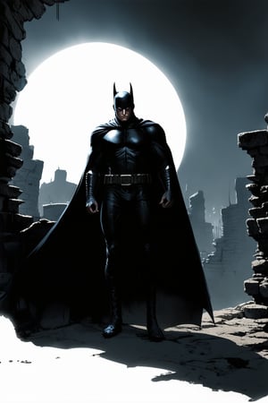 A lone figure emerges from the shadows, a dark hero clad in black attire, illuminated only by the faint moonlight casting an eerie glow on his brooding expression. He stands atop a crumbling stone wall, overlooking a desolate cityscape, his cape fluttering in the wind as he gazes out at the ruins.