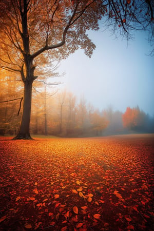 A serene autumn scene unfolds: a misty forest glade, bathed in warm golden light, with leaves of amber and crimson scattered across the ground. A lone tree stands tall, its branches etched against the soft blue sky like a delicate pen and ink drawing. The air is crisp and cool, carrying the scent of damp earth and decaying foliage.