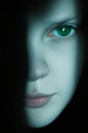 A close-up shot of a person's face shrouded in darkness, with only a faint hint of moonlight casting an eerie glow on their porcelain skin. The subject's eyes gleam like emeralds in the dim light, as they gaze out into the unknown, their features rendered in sharp relief against the blackness.