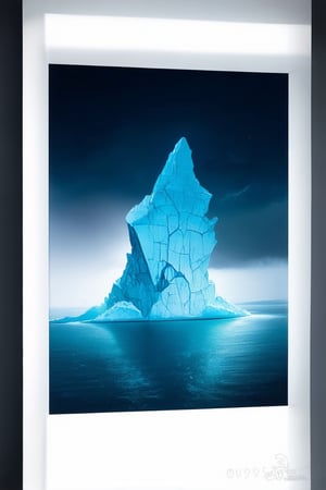 A majestic iceberg rises from a misty sea, its crystalline surface glistening like shards of moonlight. The framing captures the icy behemoth's grandeur as it pierces the sky, with the camera positioned at a 45-degree angle to emphasize its towering presence. Soft, ethereal lighting wraps around the iceberg, casting an otherworldly glow on the surrounding waters.