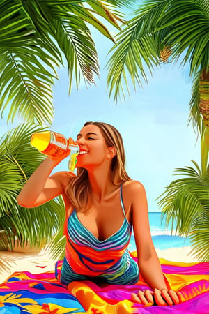 Vibrant summer afternoon scene: a young woman lounges on a colorful beach towel, surrounded by lush green palm trees and vibrant flowers. Warm sunlight casts a golden glow, with gentle shadows dancing across her relaxed features. She's sipping a refreshing drink from a glass bottle, with a playful smile hinting at the fun times ahead.