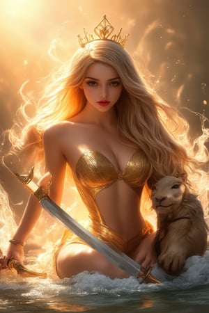 A majestic portrait of a stunningly beautiful woman, bathed in warm golden light, with a regal aura surrounding her. She sits confidently, one hand resting on a gleaming sword, the other cradling a mythical creature's head, like a queen holding court. Her long hair flows like a river of gold, framing her radiant face, and a gentle smile plays on her lips.