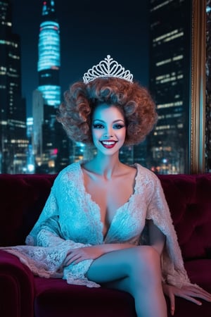 A woman with big hair, bold makeup, and a bright smile sits confidently on a velvet couch. Soft pastel hues illuminate her porcelain skin as she admires herself in a giant framed mirror. A sparkly tiara rests atop her bouffant, while a lace shawl drapes elegantly over her shoulders. The background is blurred, with only the faintest hint of a neon-lit cityscape outside.