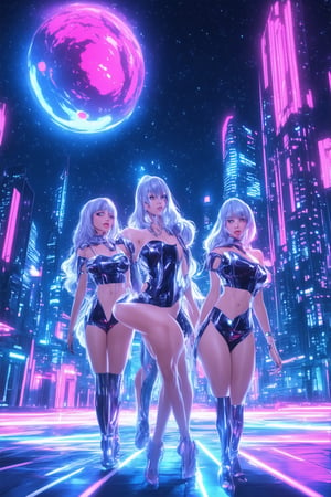 A surreal, neon-lit cityscape at dusk, with a group of space girls posed against a vibrant, glowing backdrop. The girls wear retro-futuristic outfits with metallic accents and flowing silver hair that seems to defy gravity. One girl is leaning against a futuristic spaceship, while another is hovering in mid-air, her hands glowing with an ethereal light. The atmosphere is electric, with pulsating hues of pink, blue, and purple.