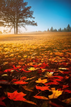 A warm golden light casts a serene glow on a vibrant autumn landscape. Leaves of fiery red, burnt orange, and amber hues carpet the forest floor, as a lone tree stands tall in the distance, its branches etched against a clear blue sky. A soft mist veils the scene, adding depth and mystique to this idyllic tableau.