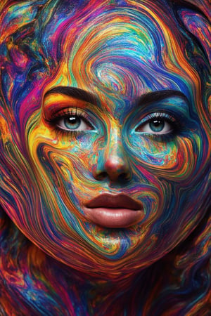 A close-up shot of a 3D colorful face with vibrant, swirling patterns covering the skin, like a mesmerizing mosaic. The subject's features are defined by bright, neon-like hues, as if infused with an inner glow. The frame is tight, with a shallow depth of field, emphasizing the texture and dimensionality of the design. Soft, warm lighting accentuates the facial structure, while a kaleidoscope of colors creates a dynamic, eye-catching visual.