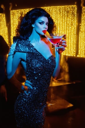 A snapshot of a ravishing beauty in a neon-lit, smoky nightclub from the 1980s. She's a vision in a fitted, sequined dress that sparkles like diamonds under the flashing dance floor lights. Her raven tresses cascade down her back like a waterfall of night, framing her porcelain complexion and bold, red lips. A shoulder pad-adorned blazer hangs casually over one arm, as she sips on a martini glass with an air of confidence.