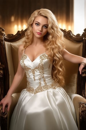 A stunning young woman with long, curly blonde hair and piercing blue eyes, posing elegantly in a dimly lit, ornate throne room. She wears a flowing white gown with intricate gold embroidery, her hands resting on the armrests as she gazes directly into the camera lens. The soft focus highlights her radiant skin tone, while the dramatic lighting accentuates her regal features.