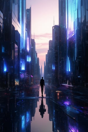 A futuristic cityscape at dusk with neon lights reflecting off a sleek holo-dyss hovering above the metropolitan streets. The dyss's iridescent surface glows in shades of blue and purple, casting an ethereal glow on the surrounding skyscrapers. A lone figure stands atop a building, gazing out into the distance as the cityscape transforms into a vibrant tapestry of light and color.