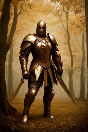 A majestic figure emerges from a misty, golden-lit forest, donning iconic armor and wielding a mighty sword. The camera pans down to reveal intricate details on the armor's surface, as the legendary hero stands tall against a backdrop of ancient trees, their leaves rustling softly in the gentle breeze.