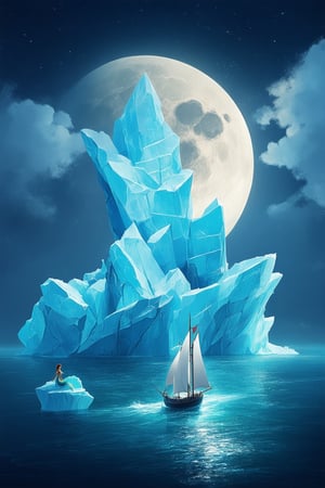 Majestic icebergs rise from the mystical sea's surface, their crystalline facets glistening under the soft, ethereal glow of a crescent moon. The surrounding mist swirls, as if alive, while a lone sailboat glides effortlessly across the water, its white sails billowing like wispy clouds. In the foreground, a whimsical mermaid perches on the iceberg's edge, her shimmering scales catching the faint light.