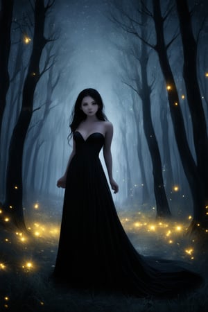 A dark, mysterious forest at dusk, lit only by the faint glow of fireflies, with a beautiful woman, dressed in a flowing black gown, standing amidst the shadows, her face illuminated by the soft light, her eyes gleaming like stars in the darkness.