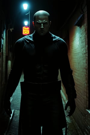 A dark hero emerges from the shadows, standing at the edge of a dimly lit alleyway. The camera frames his brooding figure against the eerie glow of streetlights, casting long shadows across his chiseled features. His piercing eyes seem to bore into the night, illuminated only by the faint light of a nearby neon sign.